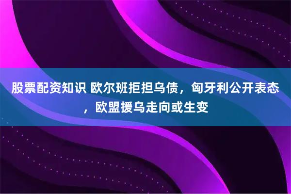 股票配资知识 欧尔班拒担乌债，匈牙利公开表态，欧盟援乌走向或生变